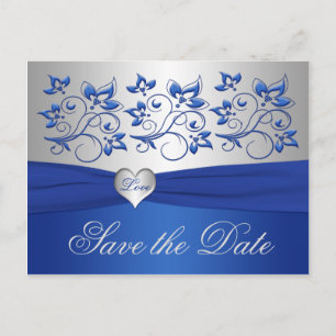 Royal Blue en Silver Heart Save the Date Kaart