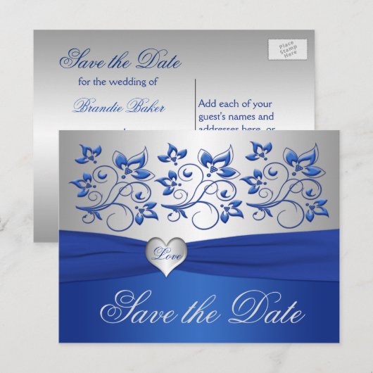 Royal Blue en Silver Heart Save the Date Kaart (Voorkant / Achterkant)