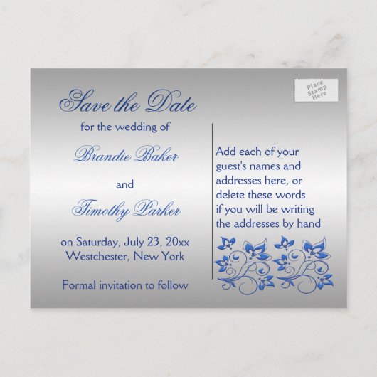 Royal Blue en Silver Heart Save the Date Kaart (Achterkant)