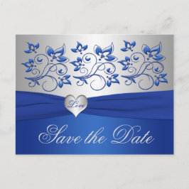 Royal Blue en Silver Heart Save the Date Kaart