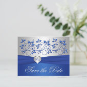Royal Blue en Silver Heart Save the Date Kaart (Staand voorkant)