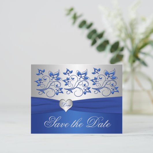 Royal Blue en Silver Heart Save the Date Kaart (Staand voorkant)