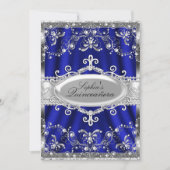 Royal Blue en Silver Jewel Damask Quinceanera Kaart (Voorkant)