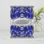 Royal Blue en Silver Jewel Damask Quinceanera Kaart (Staand voorkant)