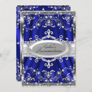 Royal Blue en Silver Jewel Damask Quinceanera Kaart