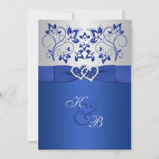 Royal Blue en Silver Joined Hearts Invitation 2 Kaart (Voorkant)