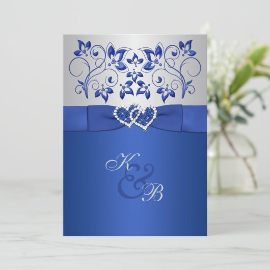 Royal Blue en Silver Joined Hearts Invitation 2 Kaart (Staand voorkant)