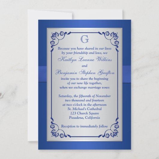 Royal Blue en Silver Joined Hearts Invitation 2 Kaart (Achterkant)