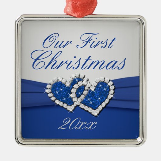 Royal Blue en Silver Joined Hearts Ornament (Voorkant)