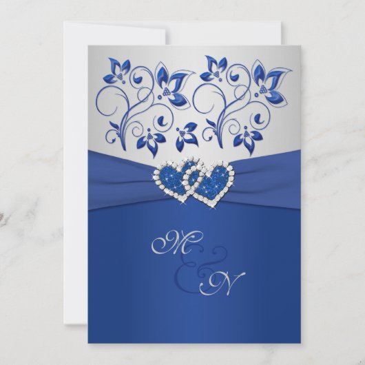 Royal Blue en Silver Joined Hearts uitnodiging (Voorkant)