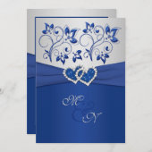 Royal Blue en Silver Joined Hearts uitnodiging (Voorkant / Achterkant)