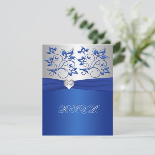 Royal Blue en Silver Love Heart Reply Kaart (Staand voorkant)