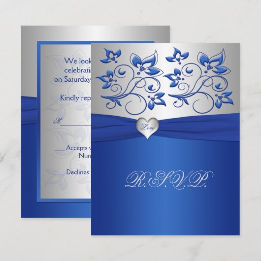 Royal Blue en Silver Love Heart Reply Kaart (Voorkant / Achterkant)