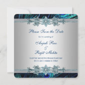 Royal Blue en Silver Peacock Bewaar de datum Save The Date (Achterkant)