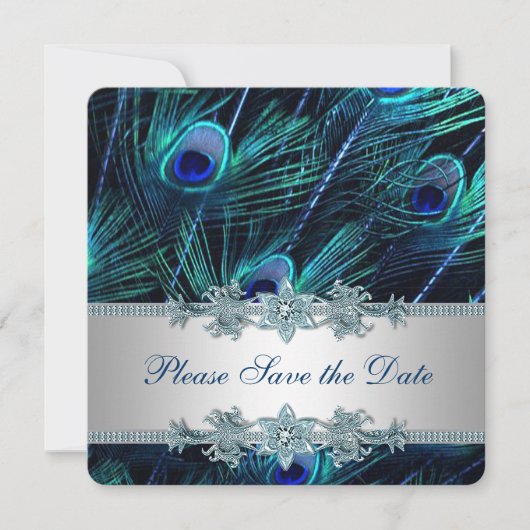 Royal Blue en Silver Peacock Bewaar de datum Save The Date (Voorkant)