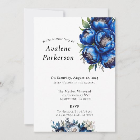 Royal Blue en Silver Peony vrijgezellenfeest Kaart (Voorkant)