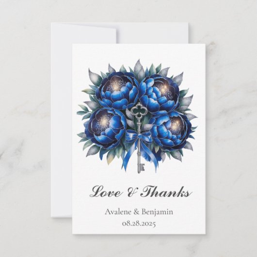 Royal Blue en Silver Peony Wedding Bedankkaart (Voorkant)