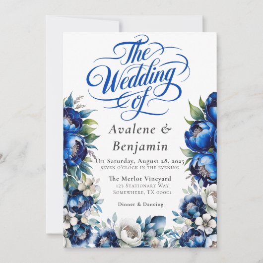 Royal Blue en Silver Peony Wedding Kalligrafie Kaart (Voorkant)