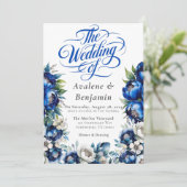 Royal Blue en Silver Peony Wedding Kalligrafie Kaart (Staand voorkant)