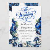 Royal Blue en Silver Peony Wedding Kalligrafie Kaart (Voorkant / Achterkant)