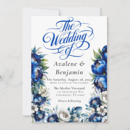 Royal Blue en Silver Peony Wedding Kalligrafie Kaart