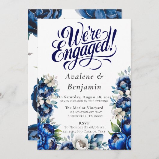 Royal Blue en Silver Peony zijn verloofd Kaart (Voorkant / Achterkant)