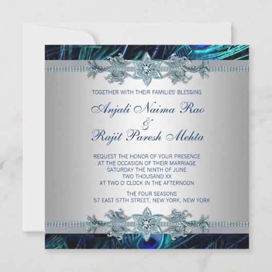 Royal Blue en Silver Royal Blue Peacock Wedding Kaart (Achterkant)