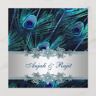 Royal Blue en Silver Royal Blue Peacock Wedding Kaart