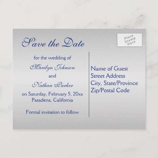 Royal Blue en Silver Save the Date Kaart (Achterkant)
