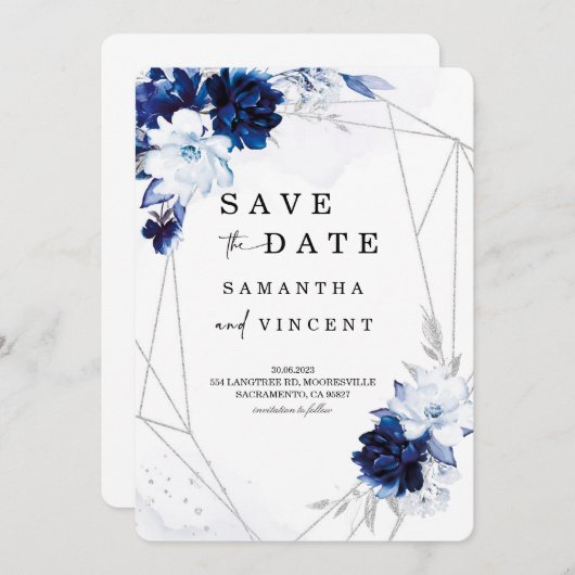 Royal Blue en Silver Save the Date-kaart Kaart (Voorkant / Achterkant)