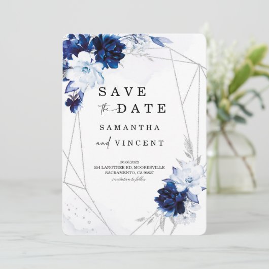 Royal Blue en Silver Save the Date-kaart Kaart (Staand voorkant)