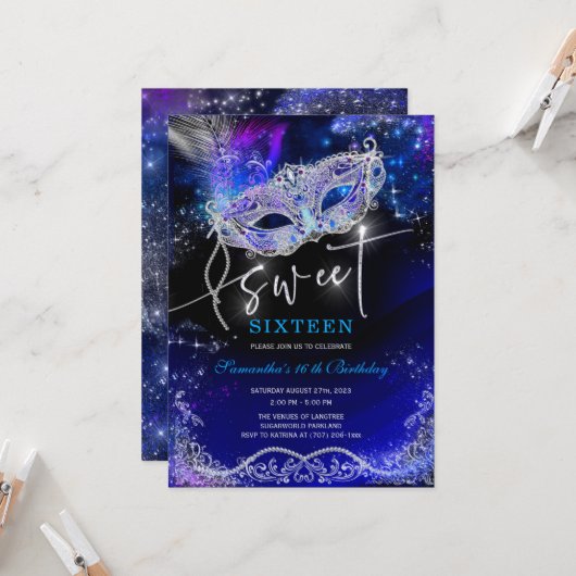Royal Blue en Silver Sweet 16 Decorations Kaart (Voorkant / Achterkant in situ)