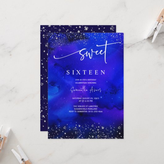 Royal Blue en Silver Sweet 16 decorations Kaart (Voorkant / Achterkant in situ)