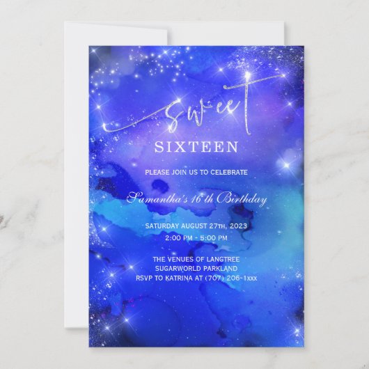 Royal Blue en Silver Sweet Sixteen Uitnodiging (Voorkant)
