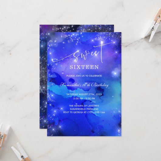 Royal Blue en Silver Sweet Sixteen Uitnodiging (Voorkant / Achterkant in situ)