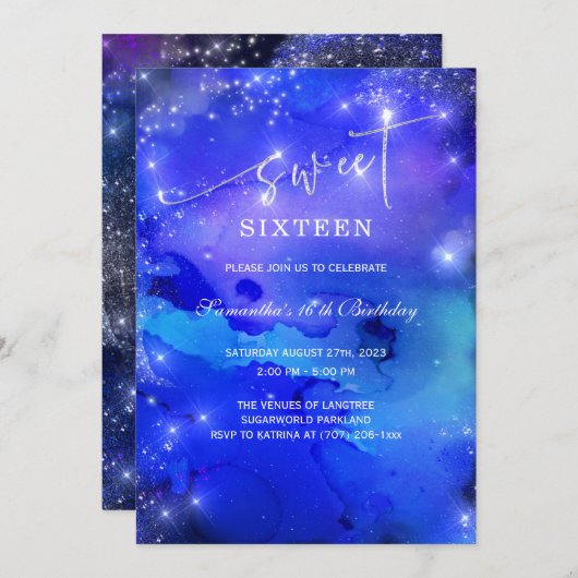 Royal Blue en Silver Sweet Sixteen Uitnodiging (Voorkant / Achterkant)