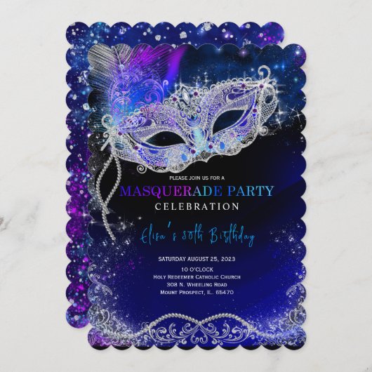 Royal Blue en Silver voor Masquerade Party Kaart (Voorkant / Achterkant)