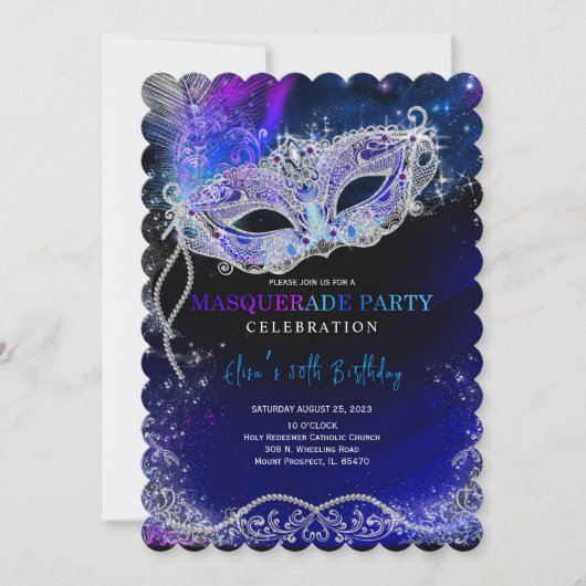 Royal Blue en Silver voor Masquerade Party Kaart (Voorkant)