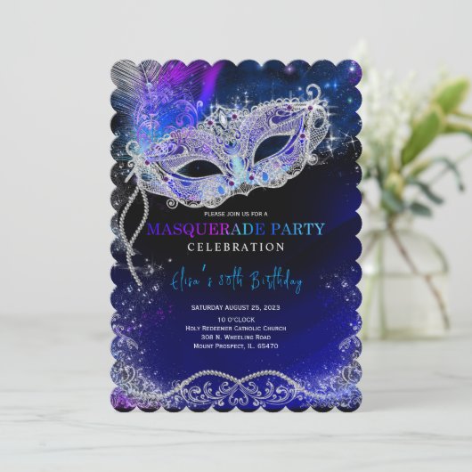 Royal Blue en Silver voor Masquerade Party Kaart (Staand voorkant)