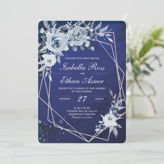 Royal Blue en Silver Wedding Invitations Kaart (Staand voorkant)