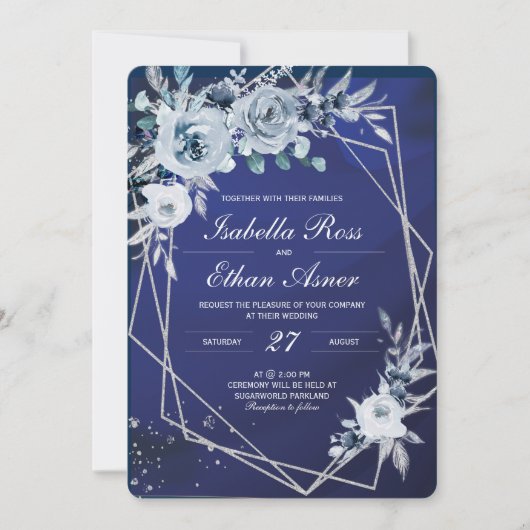 Royal Blue en Silver Wedding Invitations Kaart (Voorkant)
