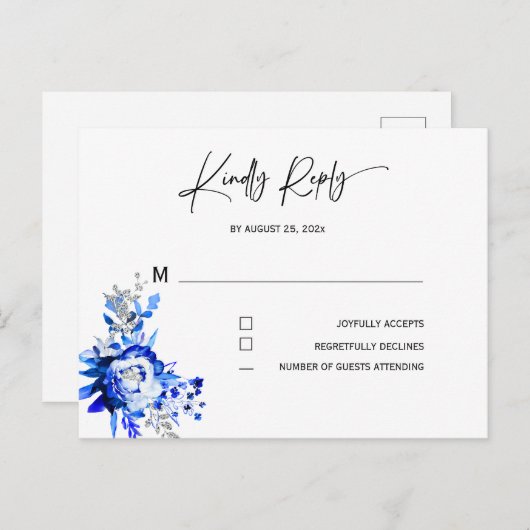 Royal Blue en Silver Wedding RSVP Briefkaart (Voorkant / Achterkant)