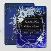 Royal Blue en Silver White Geometric Wedding Kaart (Voorkant / Achterkant)