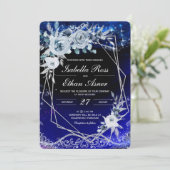 Royal Blue en Silver White Geometric Wedding Kaart (Staand voorkant)
