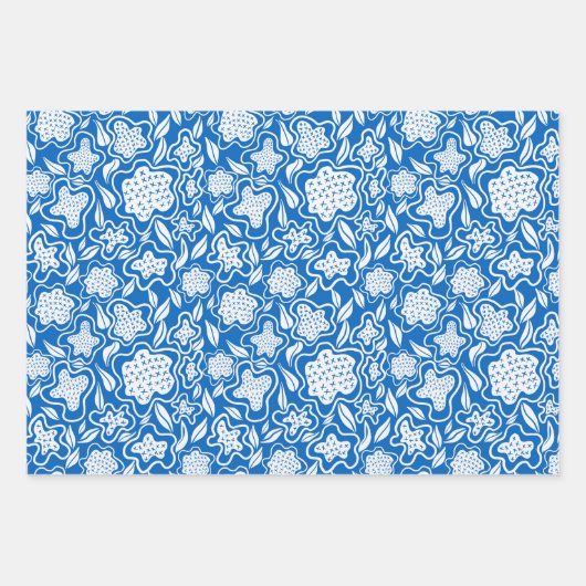 Royal Blue en White Cross Stitch Floral Inpakpapier Vel (Voorkant 2)