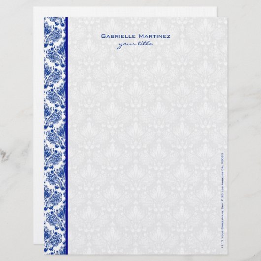 Royal Blue en White  Floral Damaskers Briefhoofd Ontwerp (Voorkant / Achterkant)