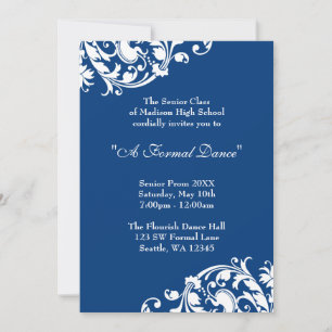 Royal Blue en White Flourish Swirl Prom Formal Kaart