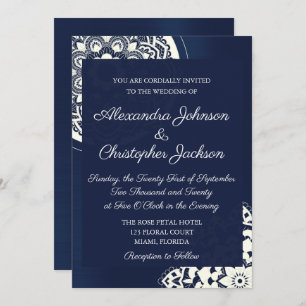 Royal Blue en White Mandala Wedding Invitation Kaart