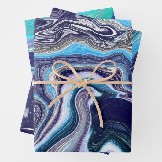 Royal Blue en White Marble Waves Fluid Art Inpakpapier Vel (In situ)