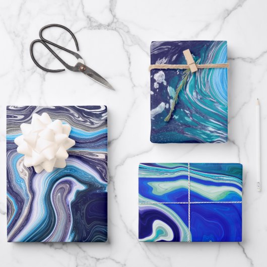 Royal Blue en White Marble Waves Fluid Art Inpakpapier Vel (Voorkant)